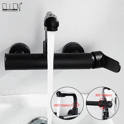 ELLEN-grifo de pared para fregadero, mezclador de agua fría y caliente, negro, dos soportes, montado en la pared, grifos de cocina, ELK5884