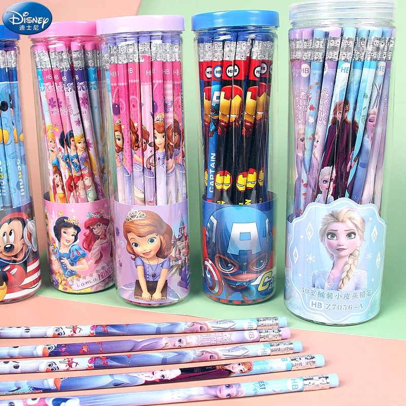 

Disney Mickey Marvel 50 Pencils Elementary School Boys and Girls HB Bucketed Writing Pens Frozen Round Head Eraser Prize Gift