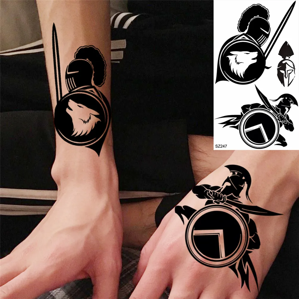 Black Spartan Small Temporary Tattoos For Women Girls Realistic Sun Flower Cosmic Sword Fake Tattoo Sticker DIY Arm Leg Tatoos