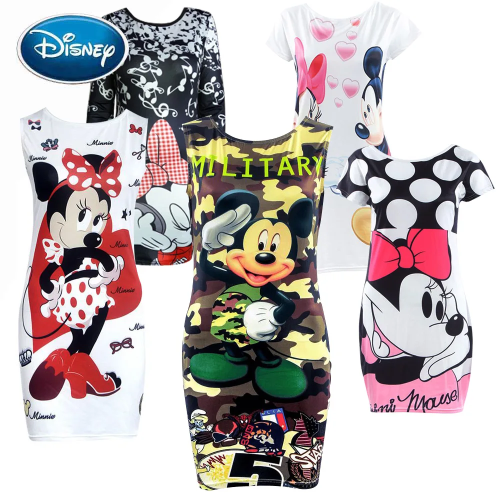 Disney Sexy Minnie topolino stampa Cartoon aderente Slim tubino tubino elegante moda donna Mini abito abiti ropa mujer