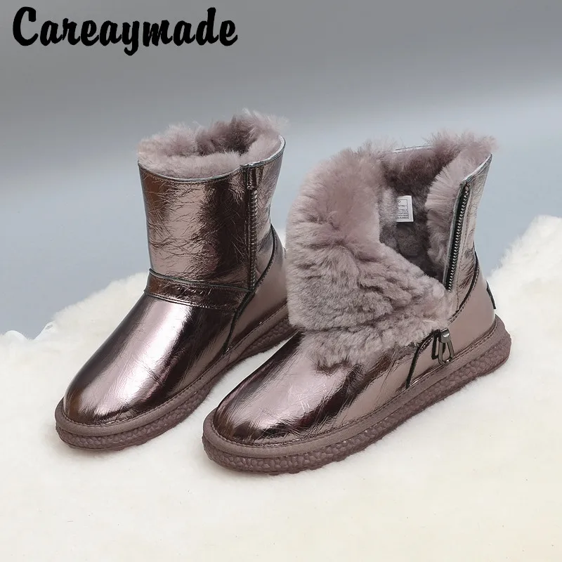 Careaymade-Genuine leather women's snow boots leather Plush thickened short waterproof anti-skid zipper warm cotton shoes winter