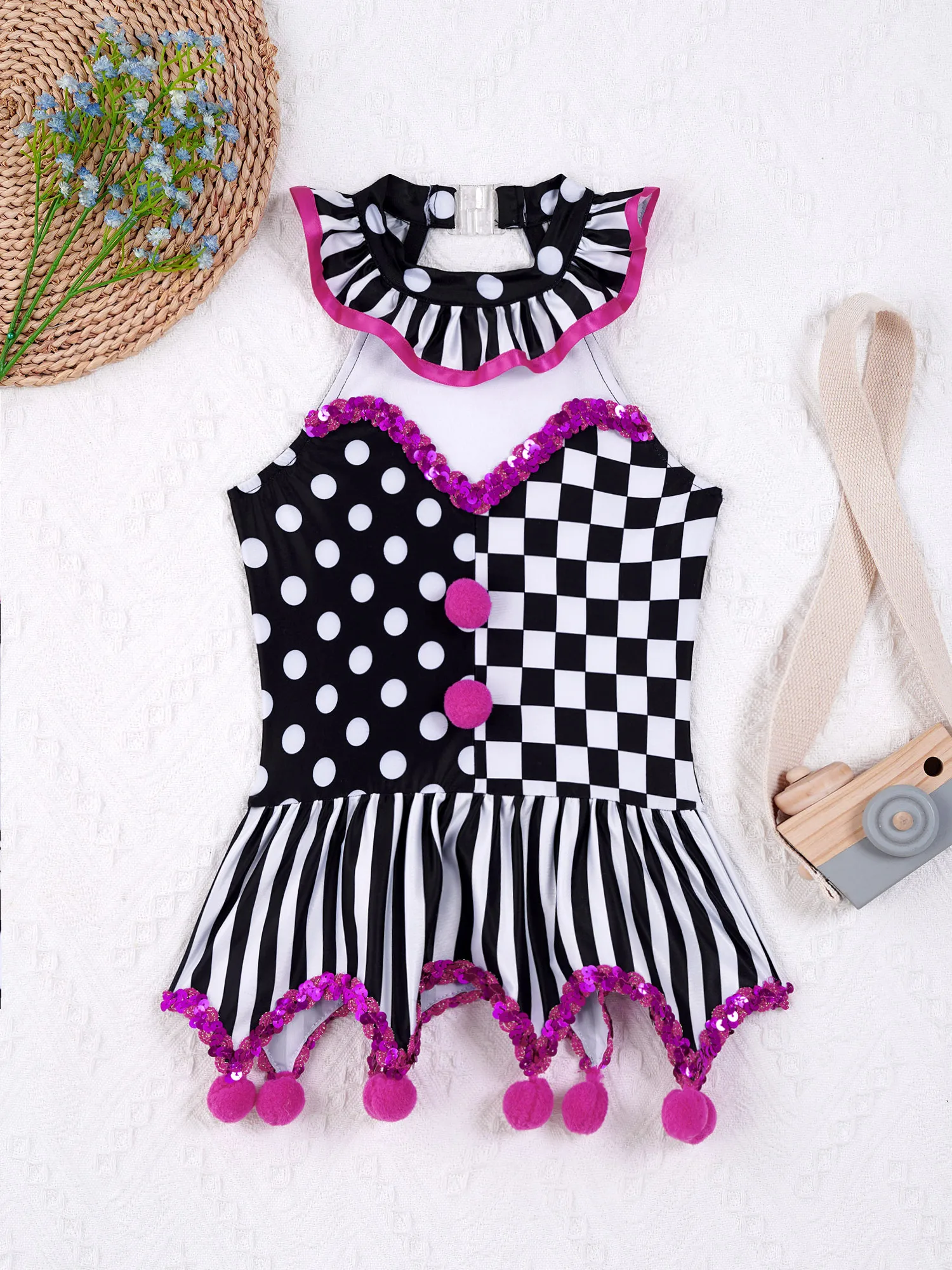 Kinder Mädchen Clown Cosplay Kostüm Neck holder Hals Pailletten unregelmäßigen Saum Kleid Halloween Cosplay Party Karneval Kostüm verkleiden