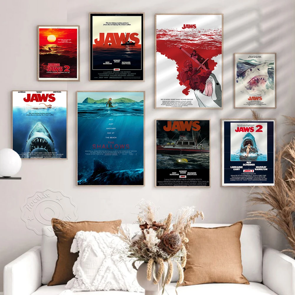 Jaws Classic Movie Posters Retro Horror Thriller Shark Poster Wall Decor Print Picture Vintage Art Canvas Painting Wall Stickers