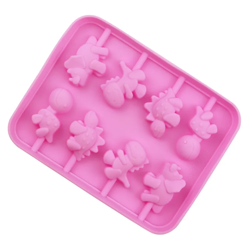 Dinosaur Shapes Silicone Lollipop Molds 8 Holes Cartoon DIY Chocolate Candy Fondant Cake Decorating Moulds Baking Utensils