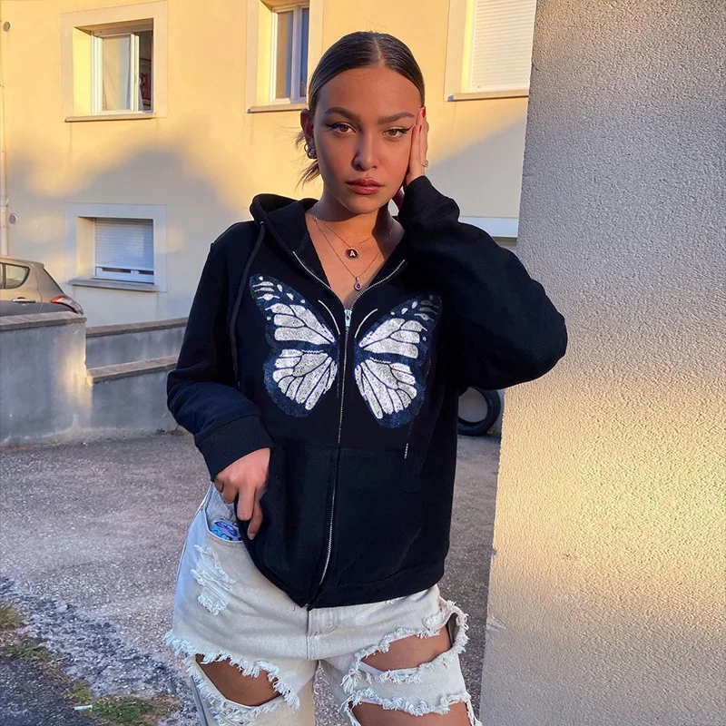 Kawaii Butterfly Graphic Cotton Black Y2K Oversized Hoodies Women 2021 Zip Up Long Sleeve Sweatshirts Streetwear Gray Top Autumn