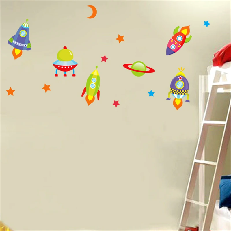 Cartoon Rocket Spaceship Stars Moon Wall Stickers For Kids Room Home Decoration Nursery Mural Art Boys Decals Creative Poster