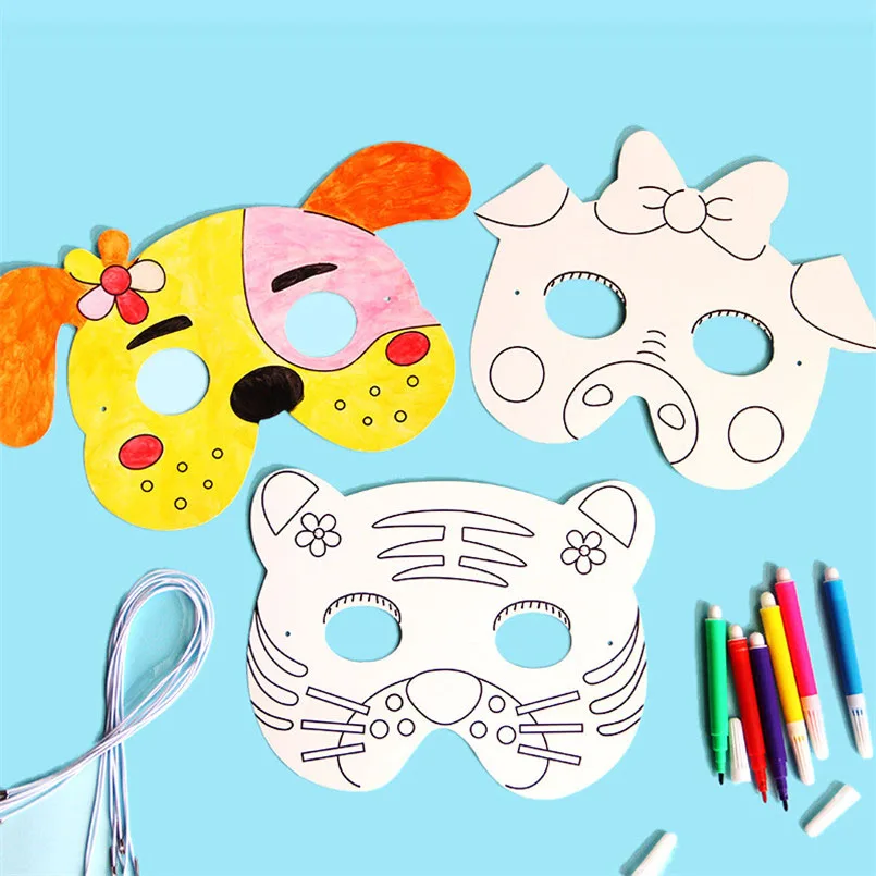 8 piezas de animales de dibujos animados para niños, manualidades de Graffiti DIY, máscara de juguete, máscara de papel, Material de tarjeta de papel blanco pintado a mano con bolígrafos de colores