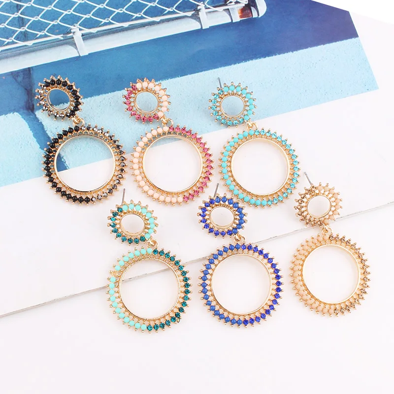 LUBOV Shining Crystal Rhinestone 3 Round Hoops Pendant Dangle Earrings Geometric Round Circle Drop Earrings Women Jewelry Gift