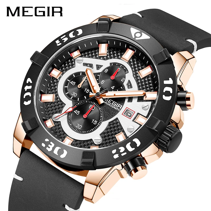 MEGIR Sport Watch Men Real Leather Strap Man Quartz Wristwatches Clock Multi-function Three Eyes Big Dial 2021 Newest design