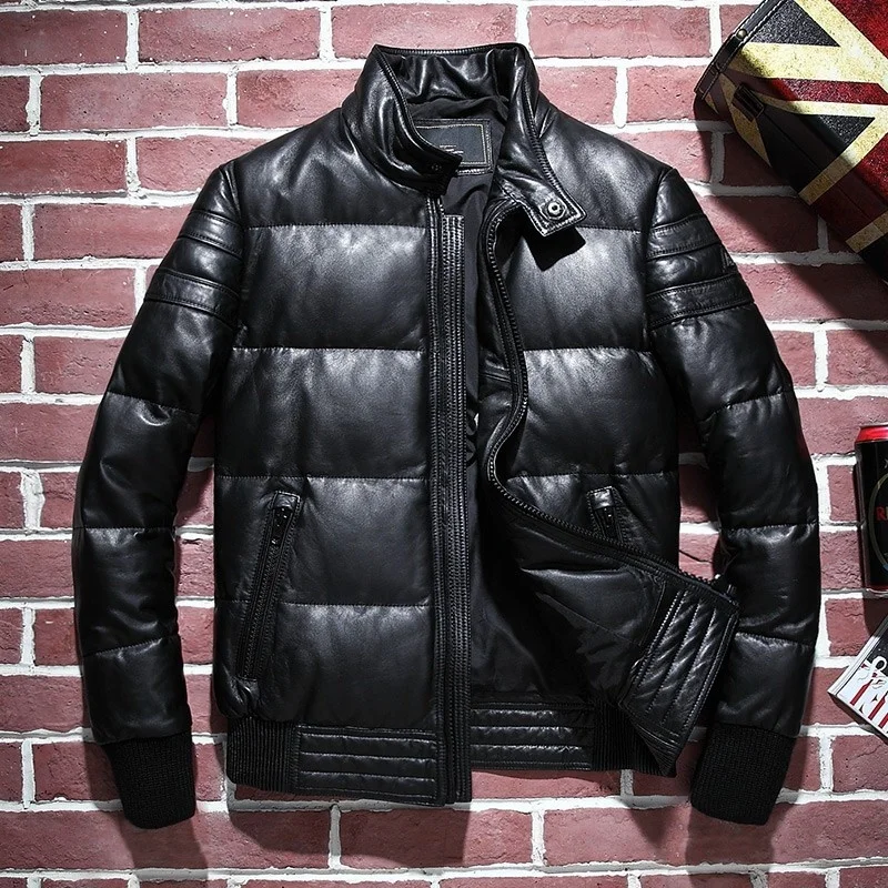 Men Fashion Genuine Leather Down Jacket High Quality Stand Collar Sheepskin Short Down Coat Winter Warm Outerwear Plus Size 5XL