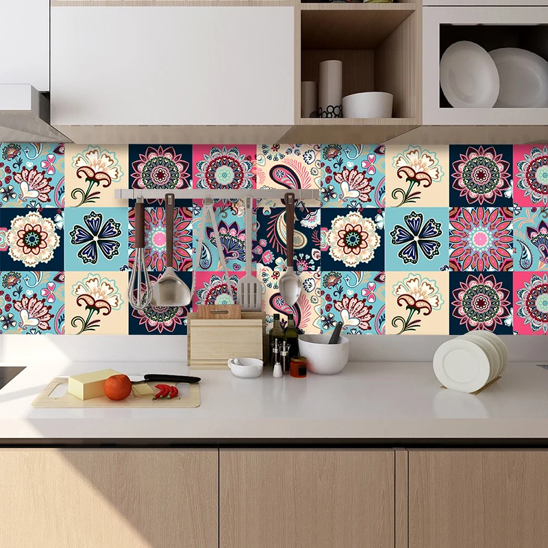 10pcs Colorful Flowers Pattern Hard Tiles Wall Sticker Kitchen Bathroom Art Mural Peel & Stick Oil-proof Ceramics PVC Wallpaper