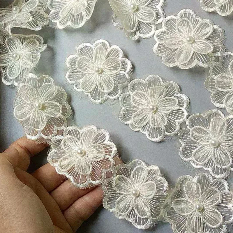 2 Yard Ivory 5CM Pearl Flower DIY Soluble Wedding Lace Trim Knitting Embroidered Handmade Patchwork Ribbon Sewing Supplies Craft