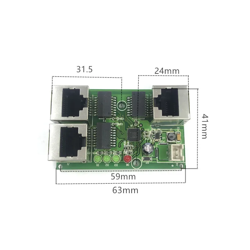 Industriële Kwaliteit Breed Temperatuur Low Power Netwerkbekabeling Mini Mini Ethernet 3 Port 10/100Mbps Verticale 180 Degreeswitchmodule