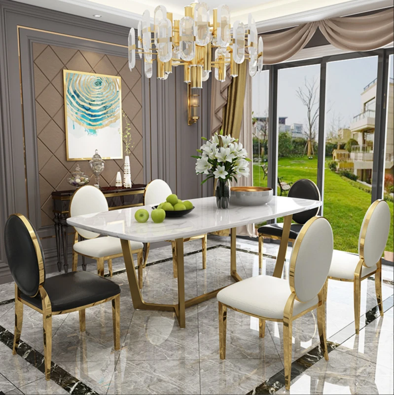 Nordic marble dining table chair combination lightweight stainless steel gold plated table rectangular table