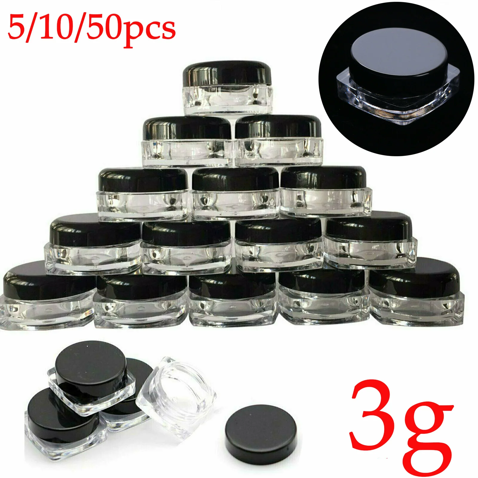 5/10/50PCS 3g Empty Plastic Cosmetic Makeup Jar Pots Transparent Sample Bottles Eyeshadow Face Cream Lip Balm Container