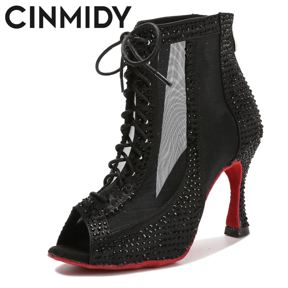 Rhinestone Latin Dance Boots Pole Dance Shoes For Women Sexy Belly Dance Shoes Ballroom ladies Mesh Dance Shoes Cuba High Heels