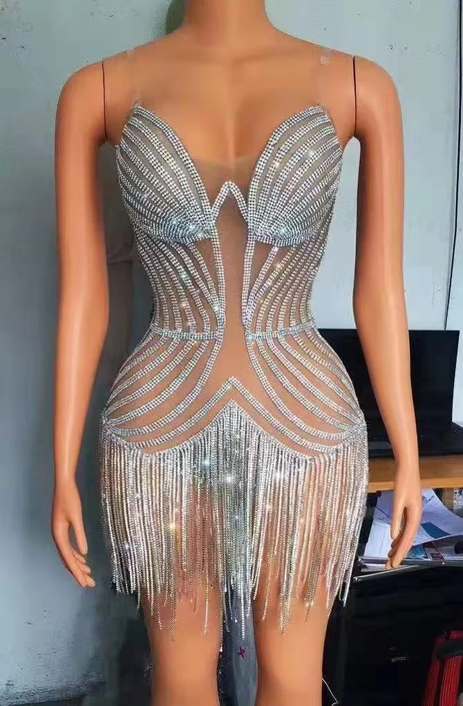 Glisten argento strass Mini abito cristalli frange vestito compleanno festeggia Sexy palcoscenico Costume Performance donne ballerino