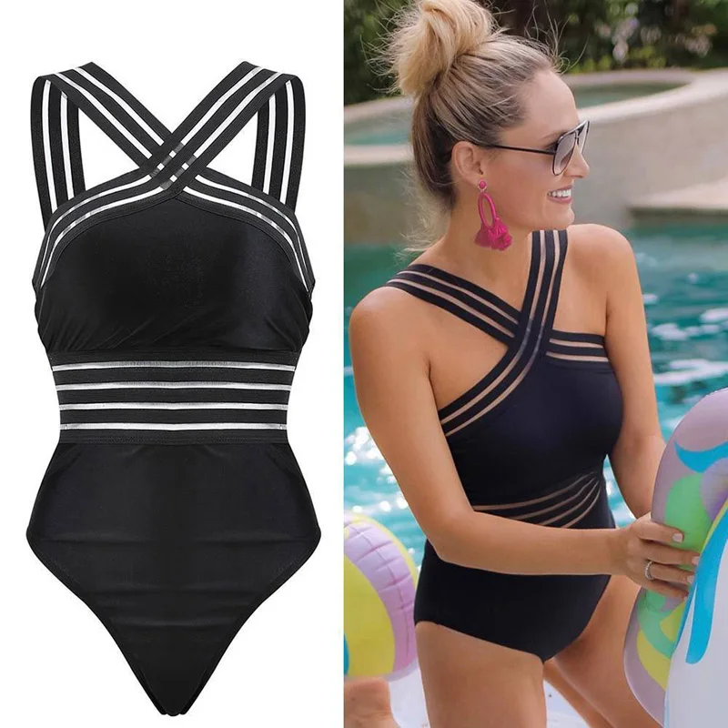 2021 Women Bikini Bodysuit Sexy Ladies Striped Bandage Backless Push Up Swimwear Swimsuit Beach Triangle Bathing Suit