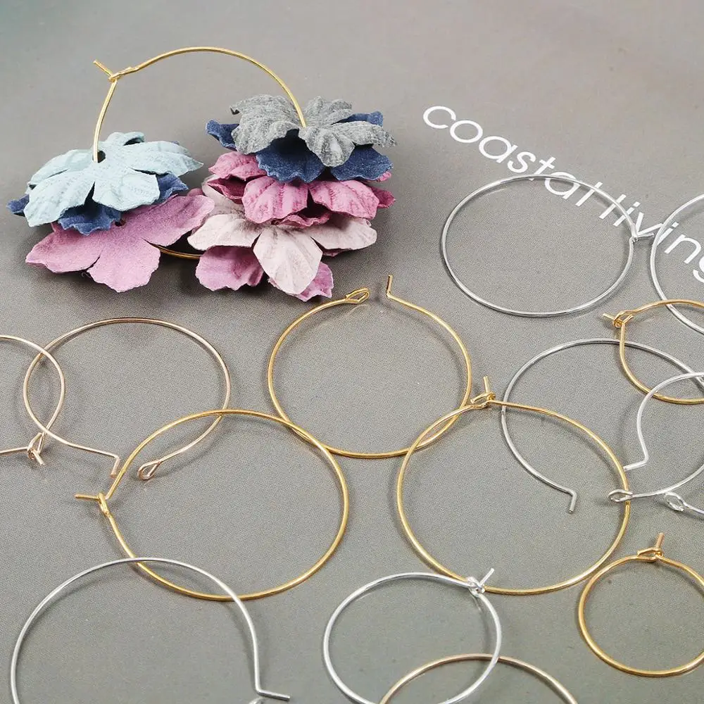 50pcs 20 25 30 35 mm Silver Gold Color Hoops Big Circle Ear Stud Hoops Earrings Wires For DIY Brincos Jewelry Making Blank Base