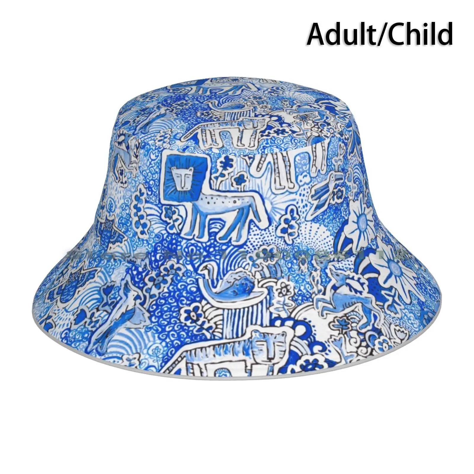 Delft Blue Animal Pattern Painting Bucket Hat Sun Cap Animal Delft Blue Lion Tiger Swan Pattern Bird Rainbow Deer Owl Fish