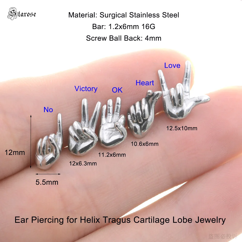 Starose 1Pc 1.2x6mm Fashion Hand Gesture Love Earrings Stainless Steel Tragus Cartilage Piercing Helix Piercing Stud Ear Jewelry