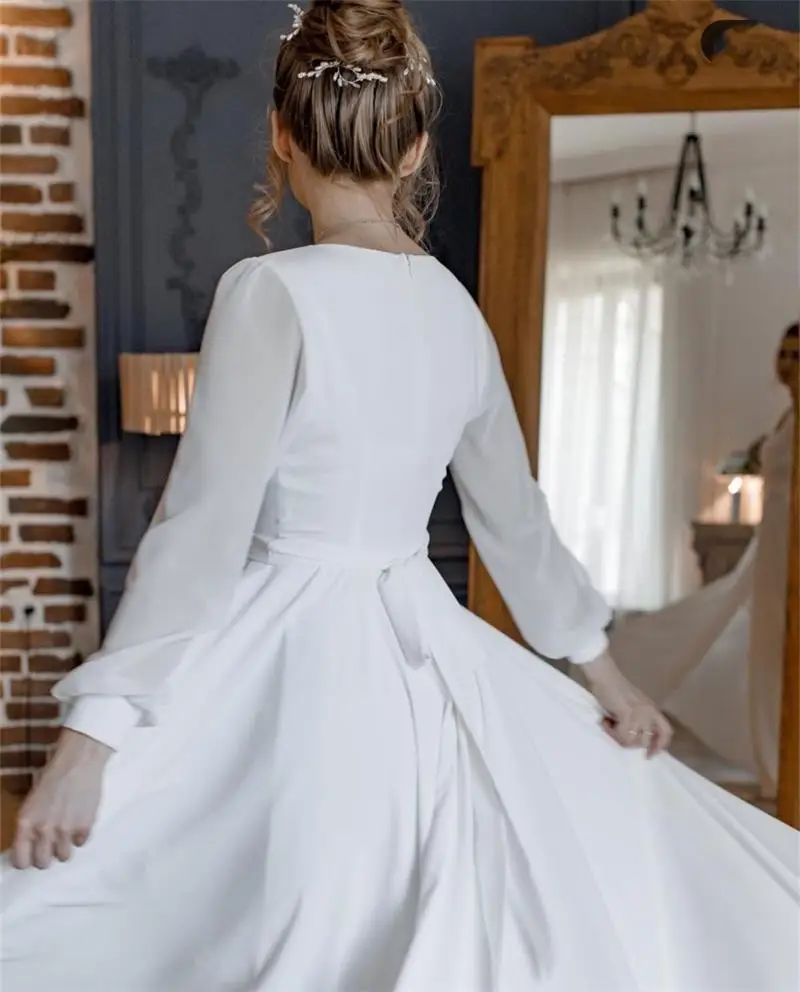 Magic Awn – robe de mariée en mousseline de soie, manches longues, style Boho, col en v, fente latérale, ligne a, robe de soirée de mariage, Illusion