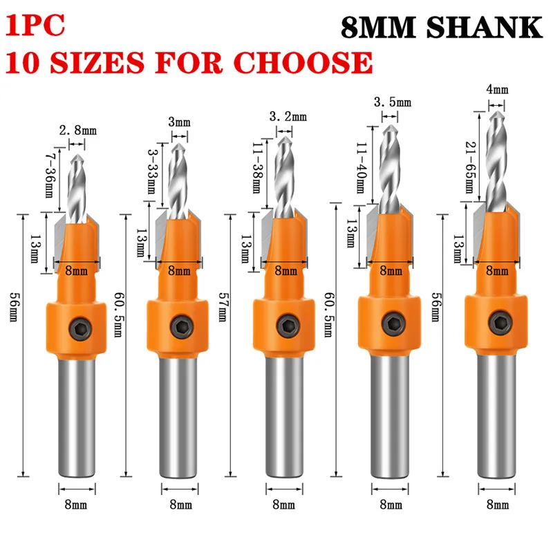 1pc 8mm Shank Countersink Drills Bits countersunk head drilling Bit Woodworking drill 2.8,3,3.2,3.5,4mm