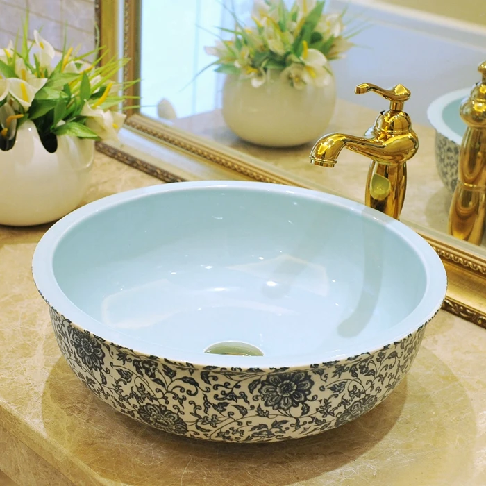 Europe style round shape chinese washbasin sink Jingdezhen Art Counter Top ceramic bathroom sink ceramic sink hand wash basin