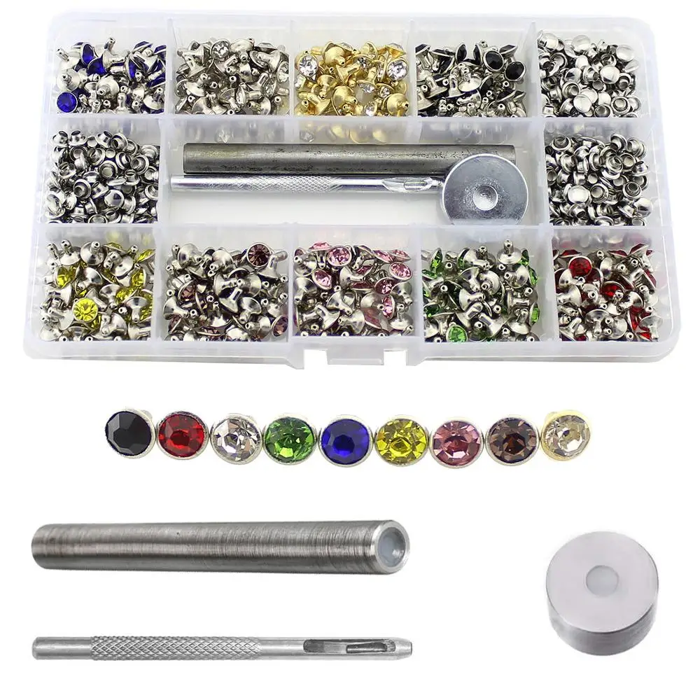 360pcs 7mm Colorful Rhinestones Rivets For Leather Craft Copper Spikes DIY Clothes Bags Crystal Rivets Accessory With Tools