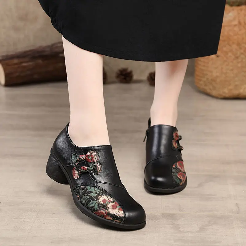 Retro Flower Print Boho Shoes On Heels Red Woman Pumps Genuine Leather Women\'s Medium Heels Designer Ladies Pumps Women Shoes