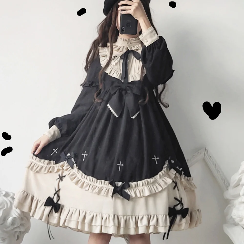 

Halloween Gothic Vintage Sweet Lolita Dress Lace Bowknot Embroidery Stand Loli Dress Kawaii Girl Gothic Lolita Op Loli Cos