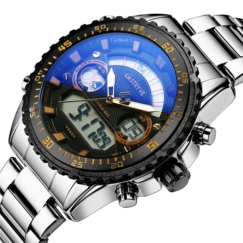 2023 New Stryve 8020 Luxury Men Watch Stainless Steel Dual Display Waterproof Quartz Digital Sports Watch reloj hombre