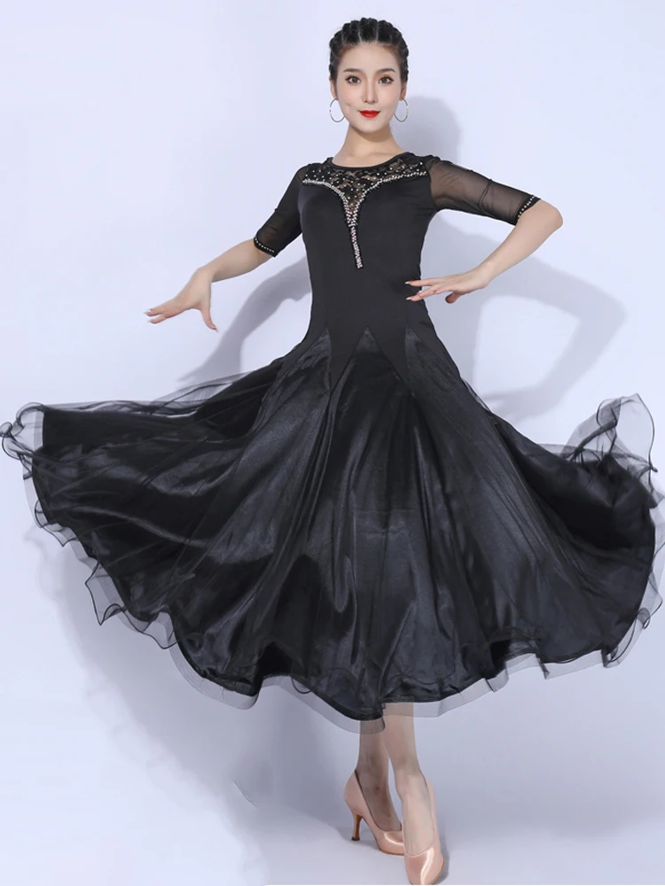 Adult Female Ballroom Dancing Dress Lace Stitching Competition Dancewear Standard Waltz Dance Performance Stage Costume YS2329