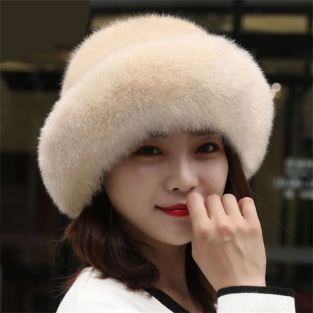 Fashion Women\'s Furry Winter Faux Fur Hat Berets Warm Cap Faux Fox Fur Brim