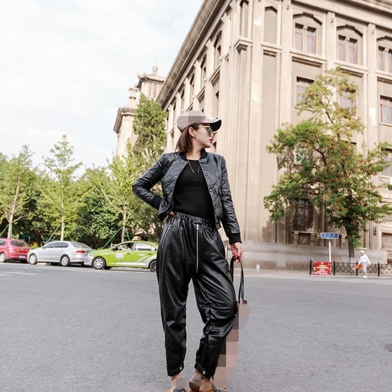 Moda curta uniforme de beisebol das mulheres grosso quente pele carneiro para baixo jaquetas manga longa bolsos magro casual casacos de couro genuíno