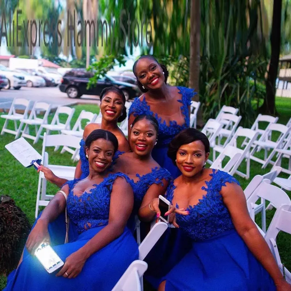 Vestidos de dama de Honor de encaje azul real africano, línea A, gasa dividida, invitado de boda, vestidos largos de dama de Honor, fiesta de talla grande