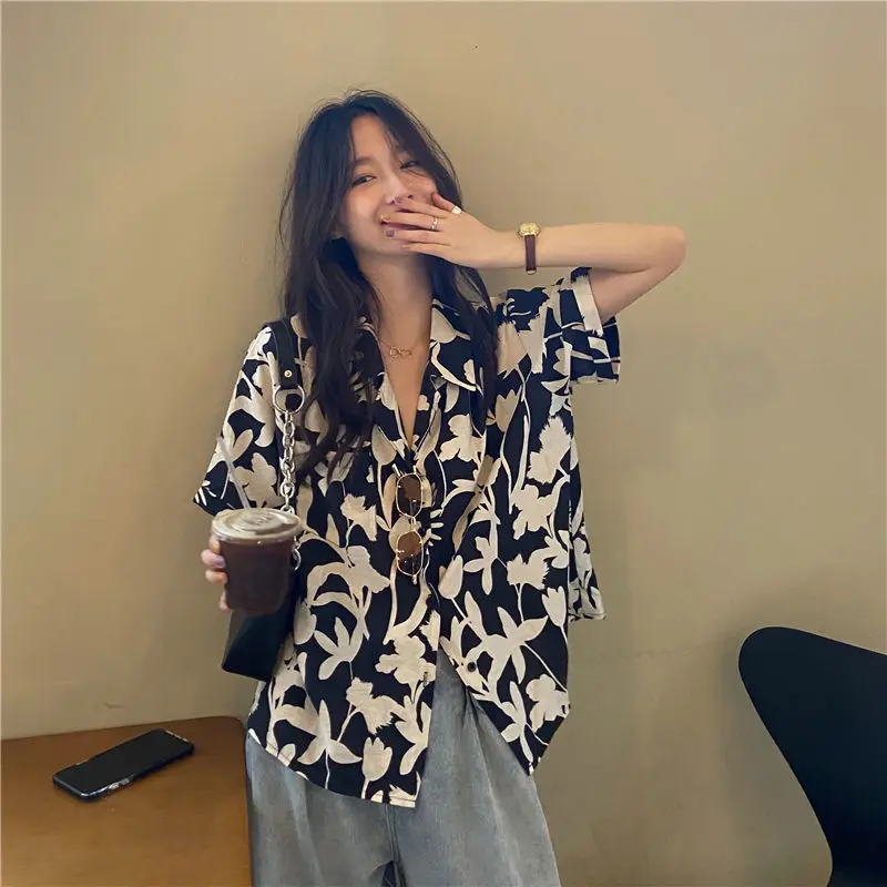 Women's Floral Print Button Up Shirt Plus Size Short Sleeve Casual Lady Blouse Loose Female Tops Summer Chic 2024