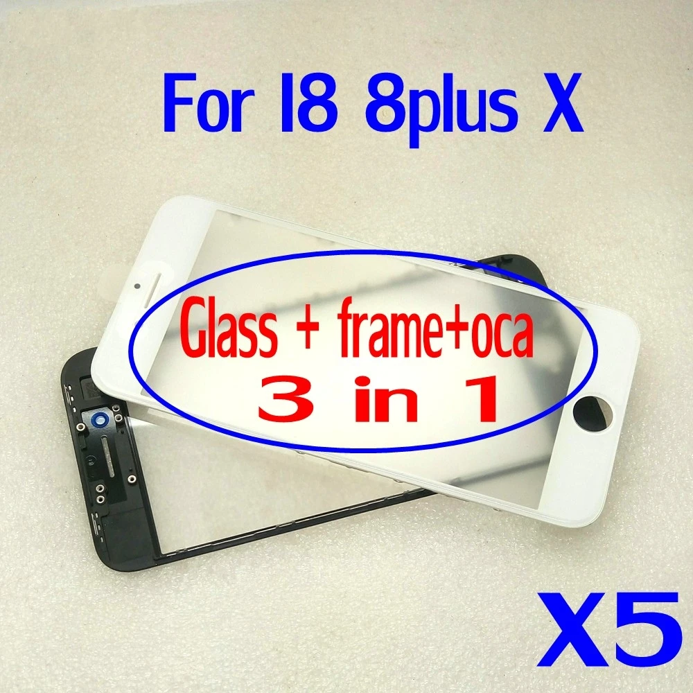 5pcs COLD PRESS Front Glass+frame+oca For iPhone 8 8 plus X Outer Glass with Bezel Frame with oca lcd repair part AAA+