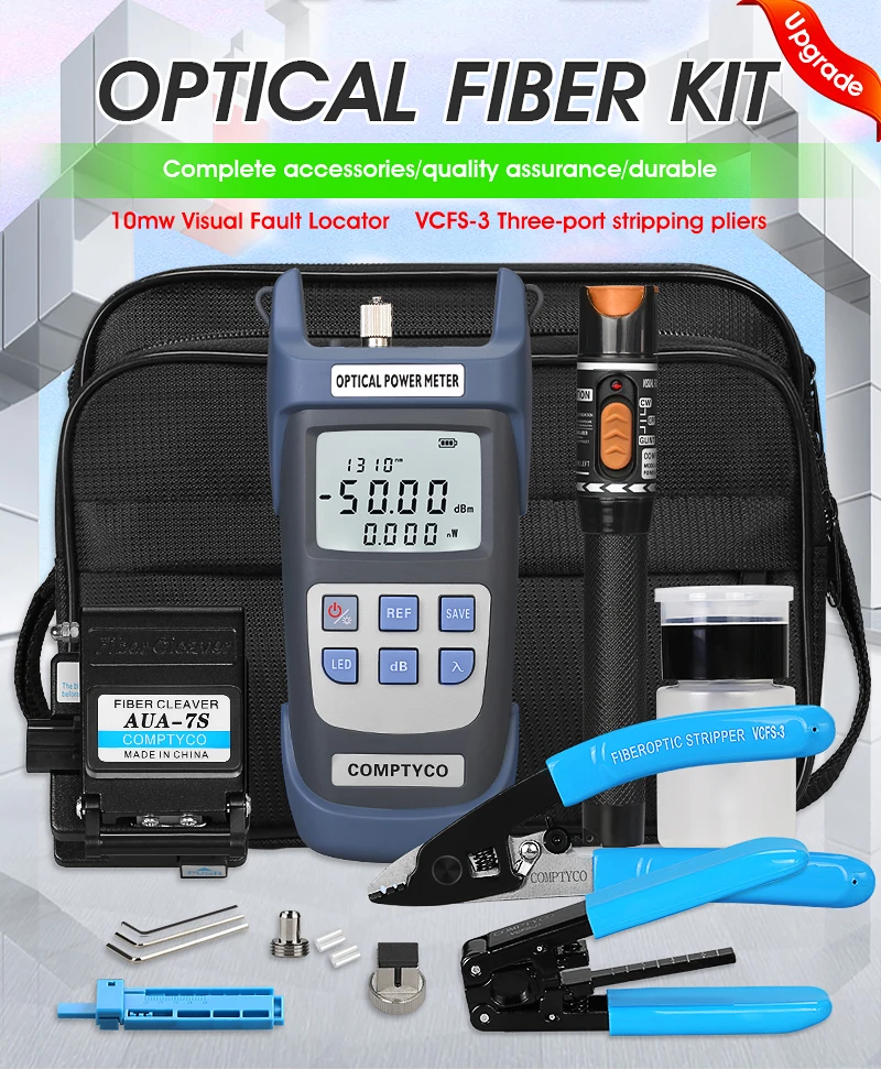 19pcs FTTH Fiber Optic Tool Kit with -70~+10dBm Optical Power Meter 10MW Visual Fault Locator VFL OPM Cutting Knife AUA 7S