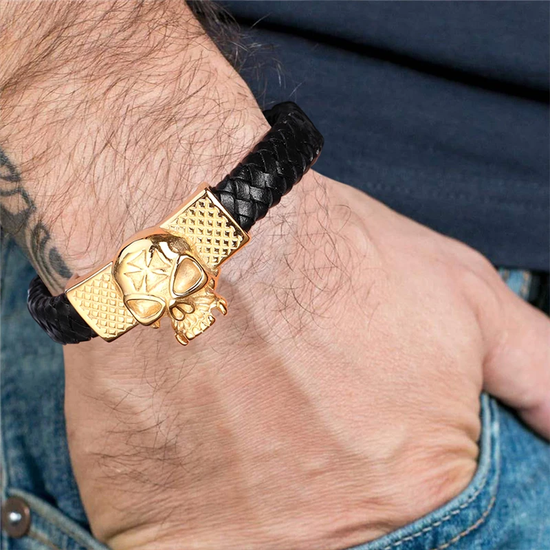 MKENDN Cross Style Classic Handmade Leather Chain Braided Men Bracelets Fashion Magnet Clasp 316L Stainless Steel Wristband