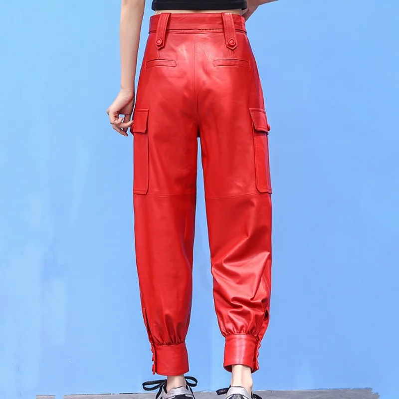 Leather Genuine High Waist Ankle-Length Pants Office Lady Spring Autumn Sashes Pockets Buttons Women Solid Sheepskin Cargo Pants