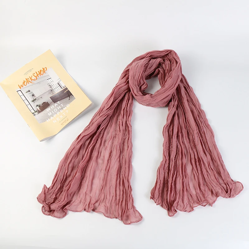 Japanese Cotton Linen Scarf Women\'s Scarves Pleated Plain Shawls Ribbed Hijabs Solid Color Long Headscarf Men Scarfs 180*60cm