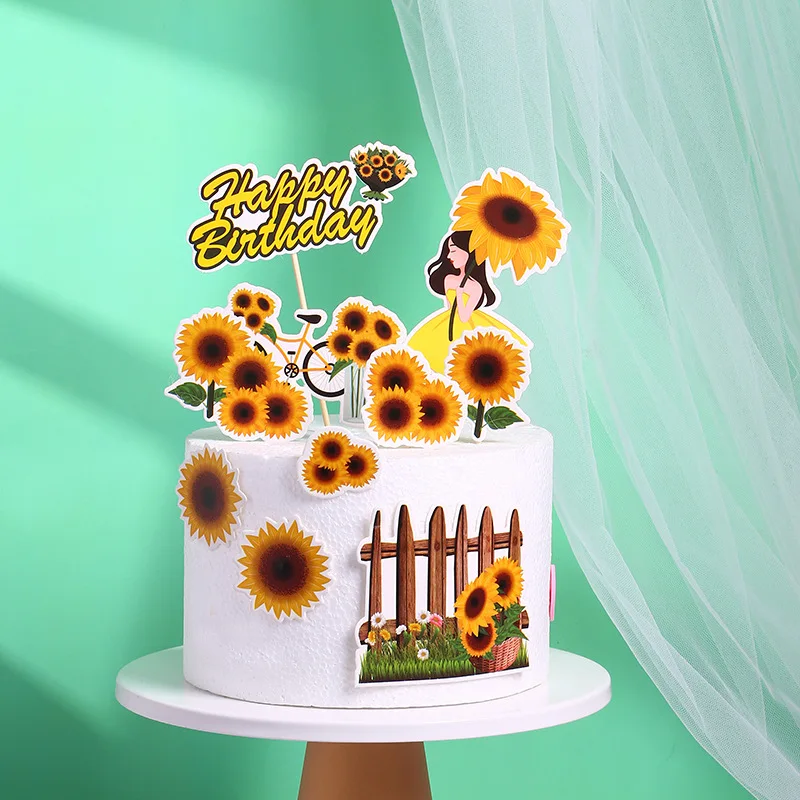 Cake Topper Happy Birthday Sunflower Girl Bike Cupcake Toppers Party Dessert Wedding Decoration Baby Shower Baking Supplies DIY