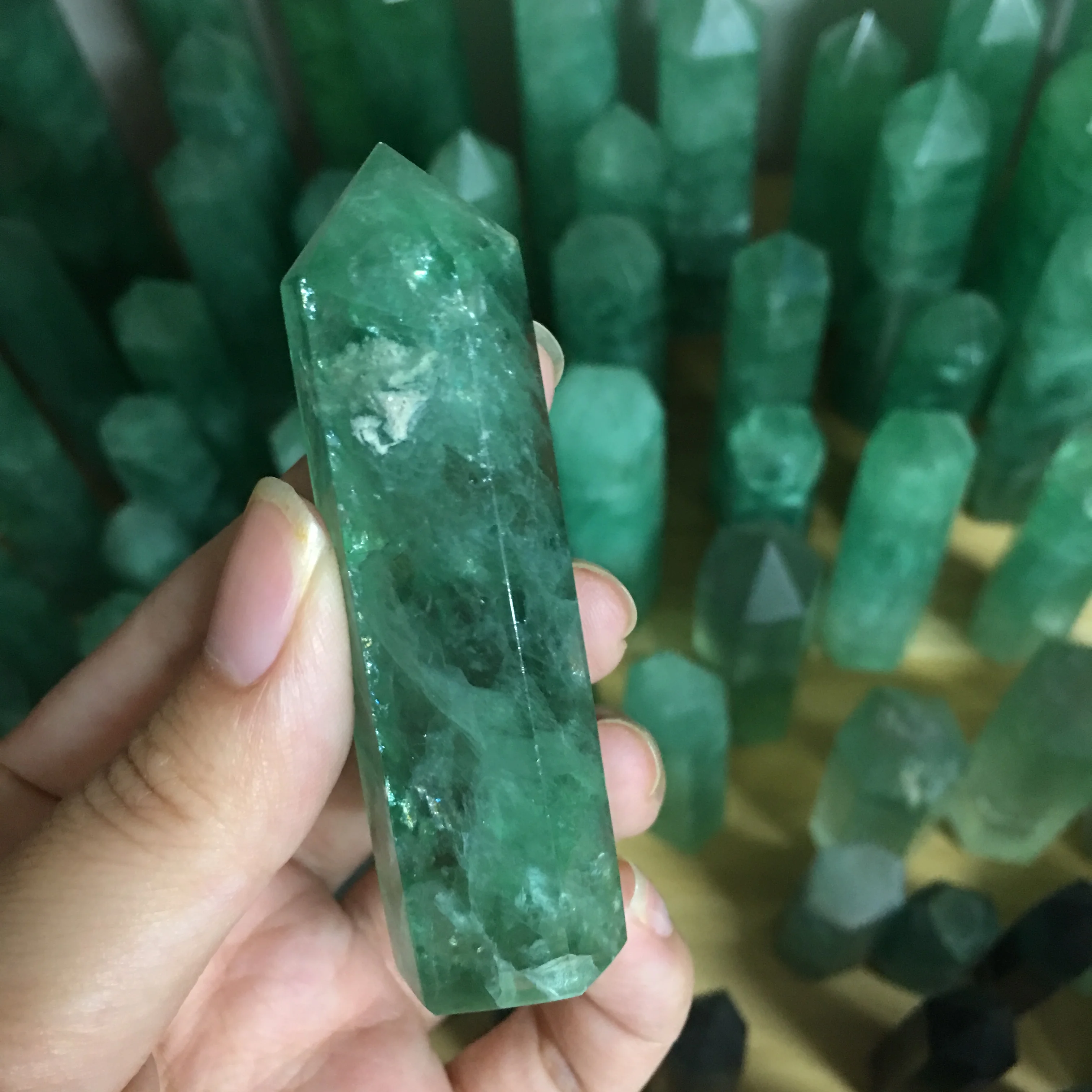 Natural Green fluorite obelisk quartz crystal wand point for healing