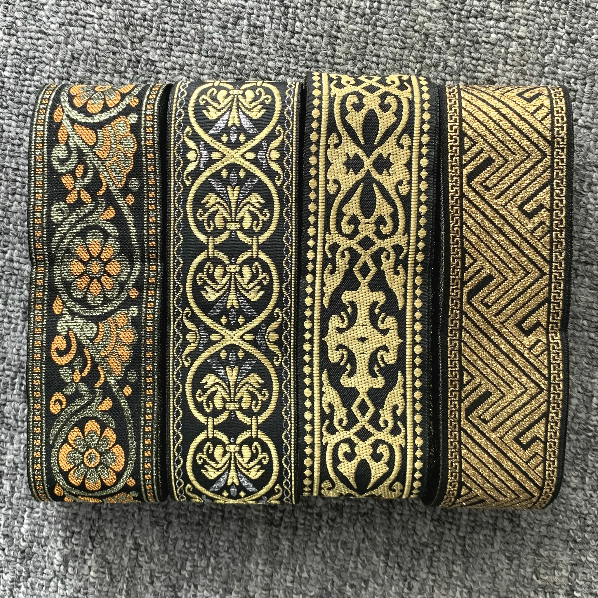 10 yardas/lote de aproximadamente 5cm de ancho, cinta Jacquard tejida, adornos de flores, patrón dorado negro para cortina y accesorio de ropa ZERZEEMOOY