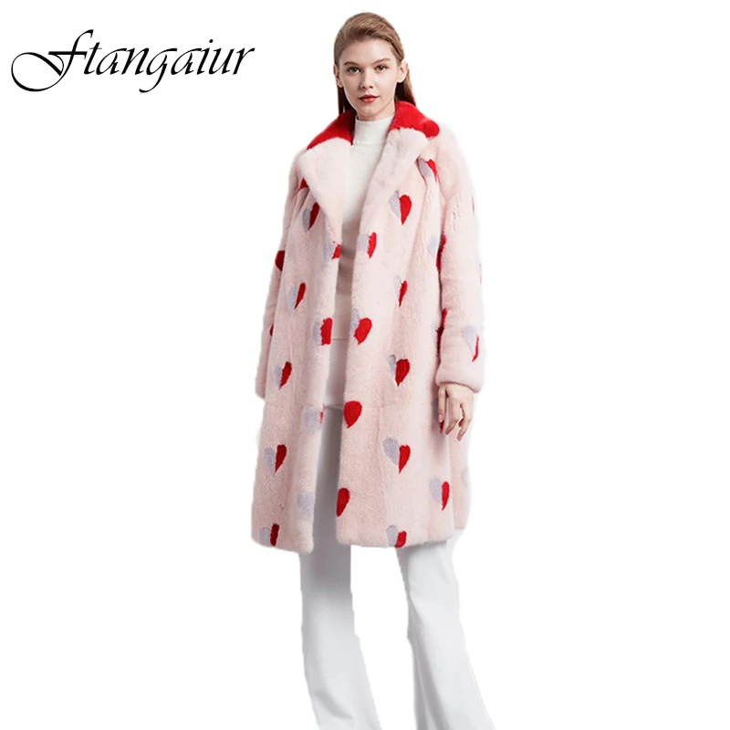 

Зимнее импортное бархатное Норковое меховое пальто Ftangaiur 2021, облегающее Норковое Пальто с принтом потери красного сердца, женское среднее натуральное Норковое меховое пальто