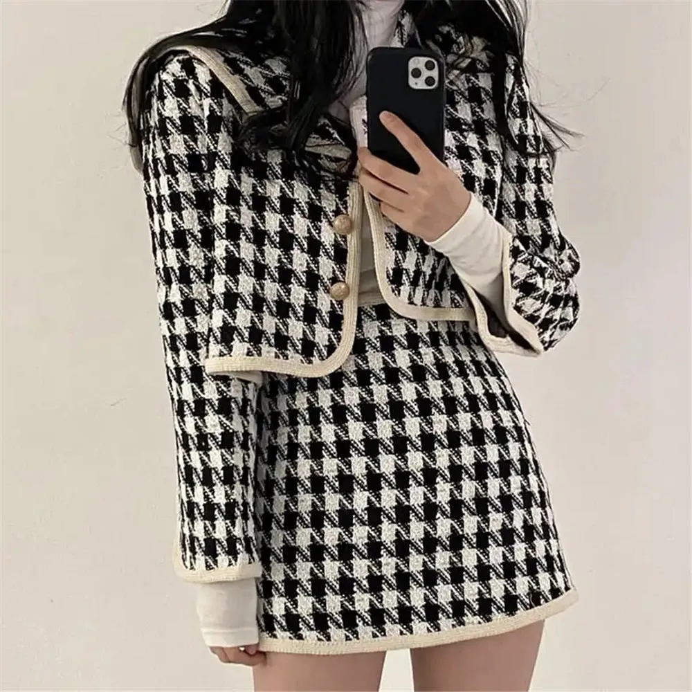 Vintage Houndstooth 2pcs Set Women Navy Collar Tweed Mini Bodycon Skirt Suit Lady Elegant Cropped Jacket Plaid Set Knitted Korea