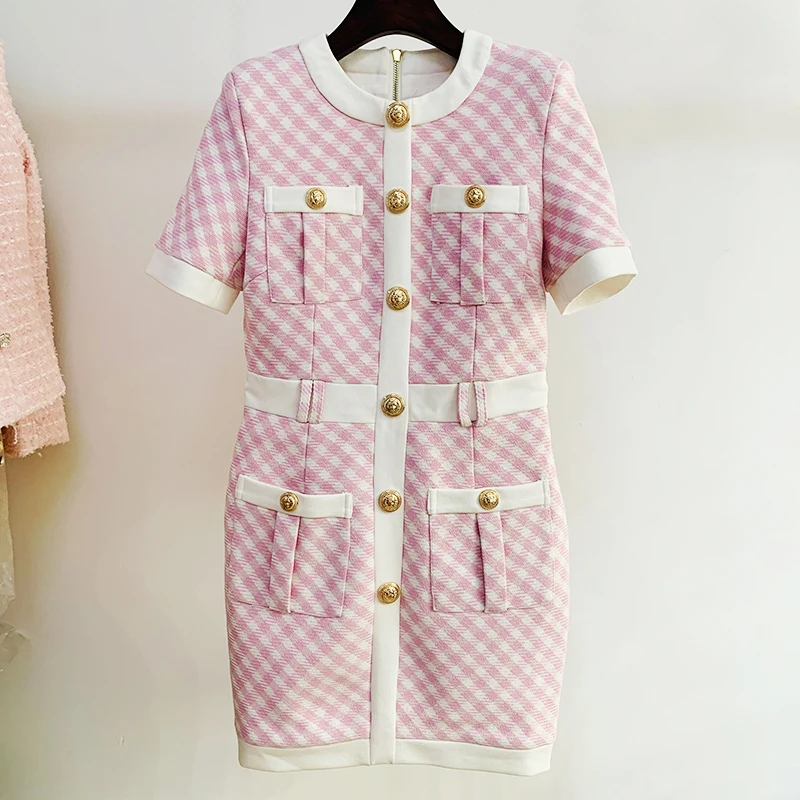 HIGH STREET Newest Fashion 2024 Fall Winter Designer Women's Short Sleeve Lion Buttons Color Block Plaid Tweed Dress