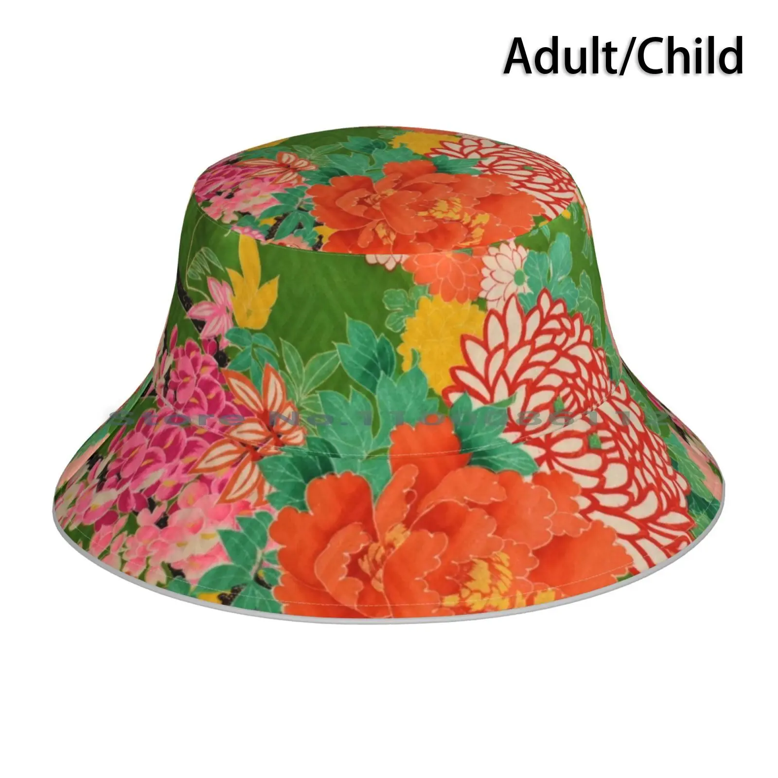 Japanese Silk Kimono Flowers Bucket Hat Sun Cap Japanese Flowers Asian Ancient Japan Carnations Irises Floral Pattern Kimono