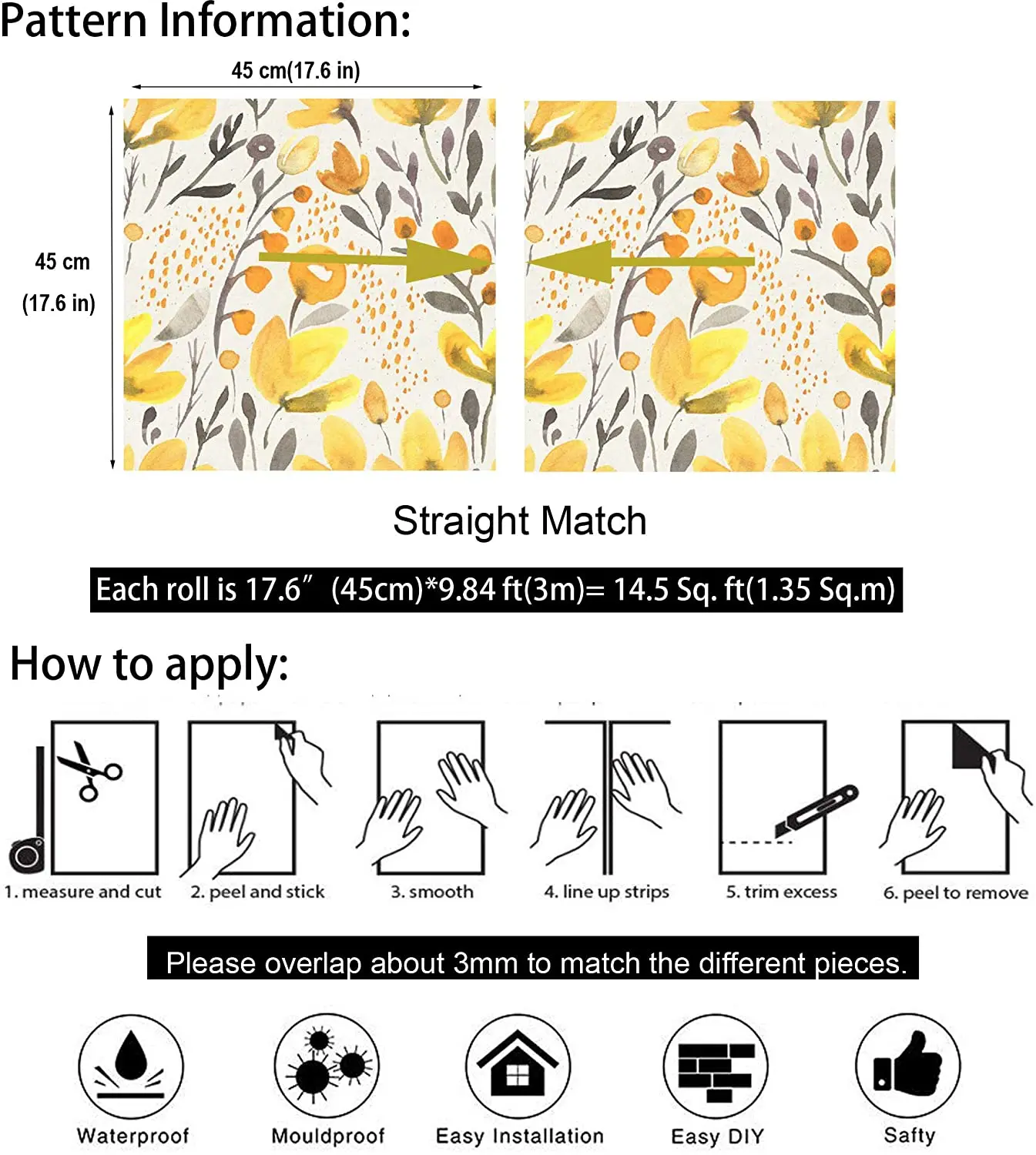 Yellow Fresh Floral Kapok Self-Adhesive Wallpaper Peel and Stick Removable Watercolor Seamless Prepasted Wallpaper Wall Mural